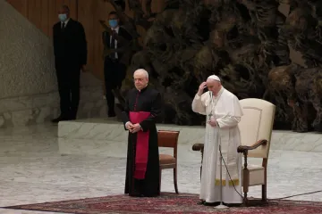 Pope Francis makes the sign of the cross in the Pope Paul VI Hall on Aug. 11, 2021.